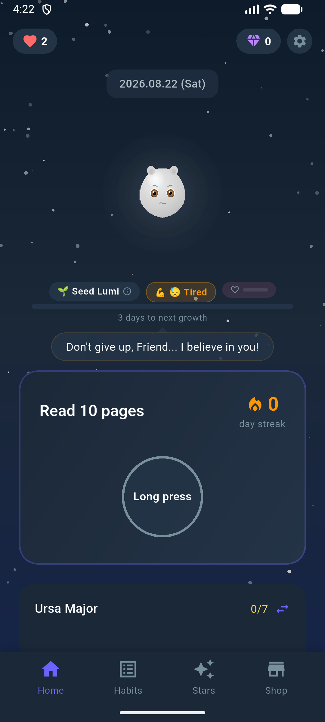 Actual Stellabit home screen with Lumi, a Read 10 pages habit, and constellation progress
